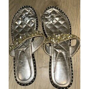 Jolimall Walk Of Riches Silver Rhinestone Flat Sandals Jewel Toe Ring Slide 7